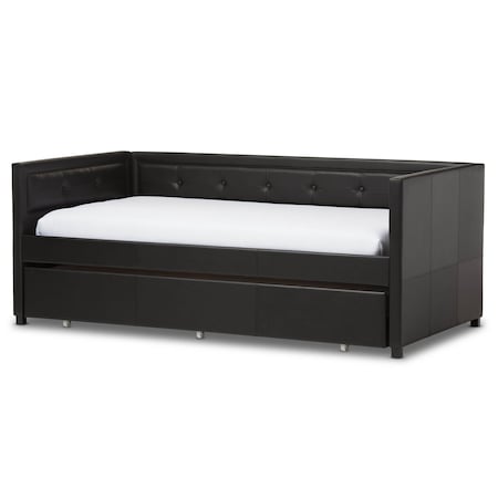 BAXTON STUDIO Frank Black Button-Tufting Sofa Twin Daybed with Roll-Out Trundle Bed 125-6927